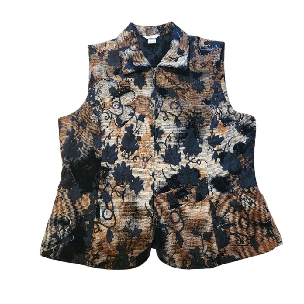Christopher Banks Vest Grapevine Autumn Fall Leaves Black Brown Womens Small EUC